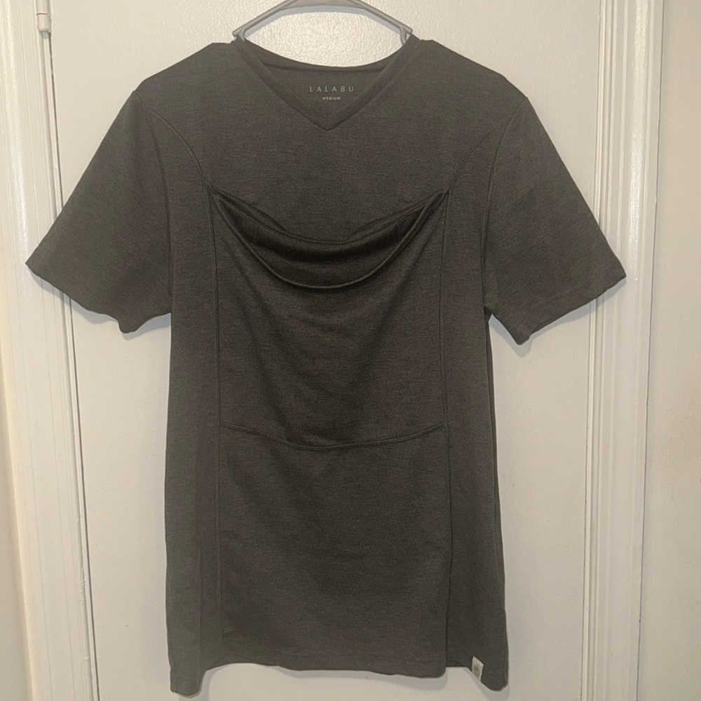 Lalabu Shirt Men's Dark Gray V Neck Carrier Kangaroo Pouch Stretch